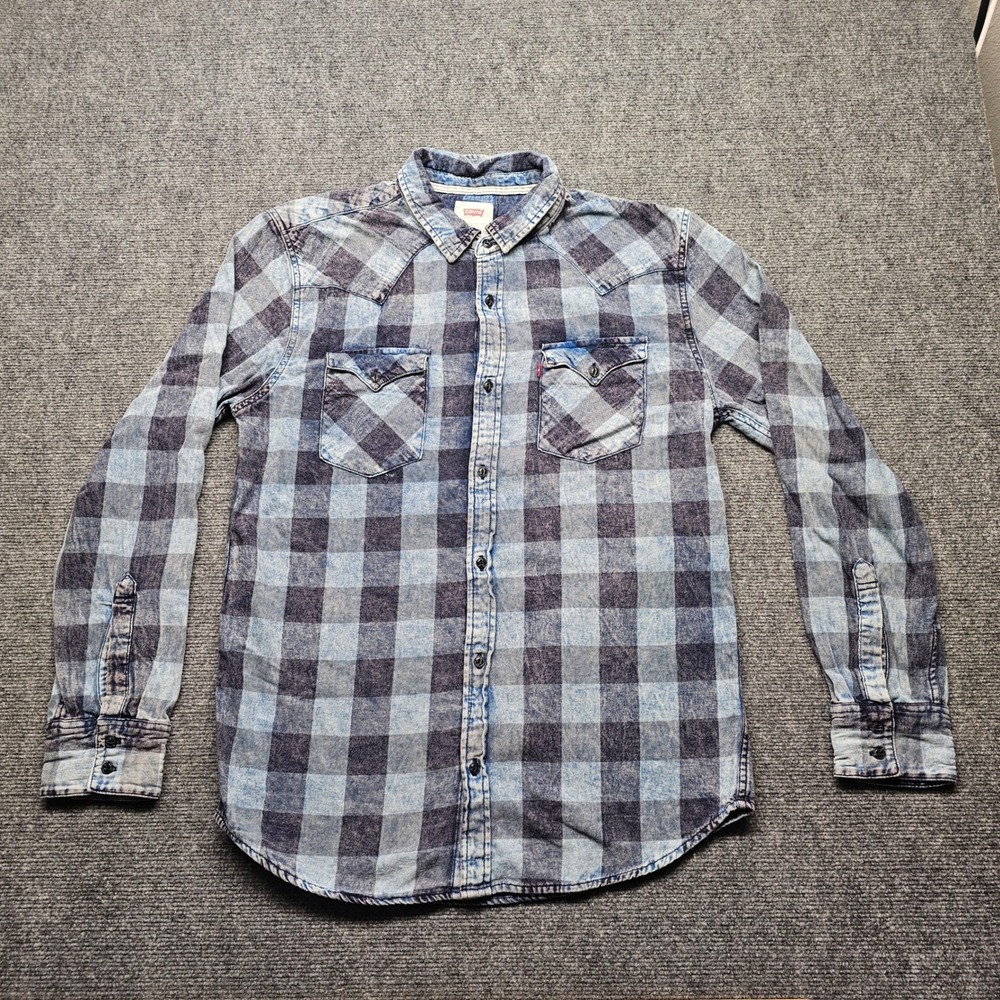 Levis Mens Large Western Shirt Blue Grey Acid Wash Buffalo Plaid 3LOLW11911